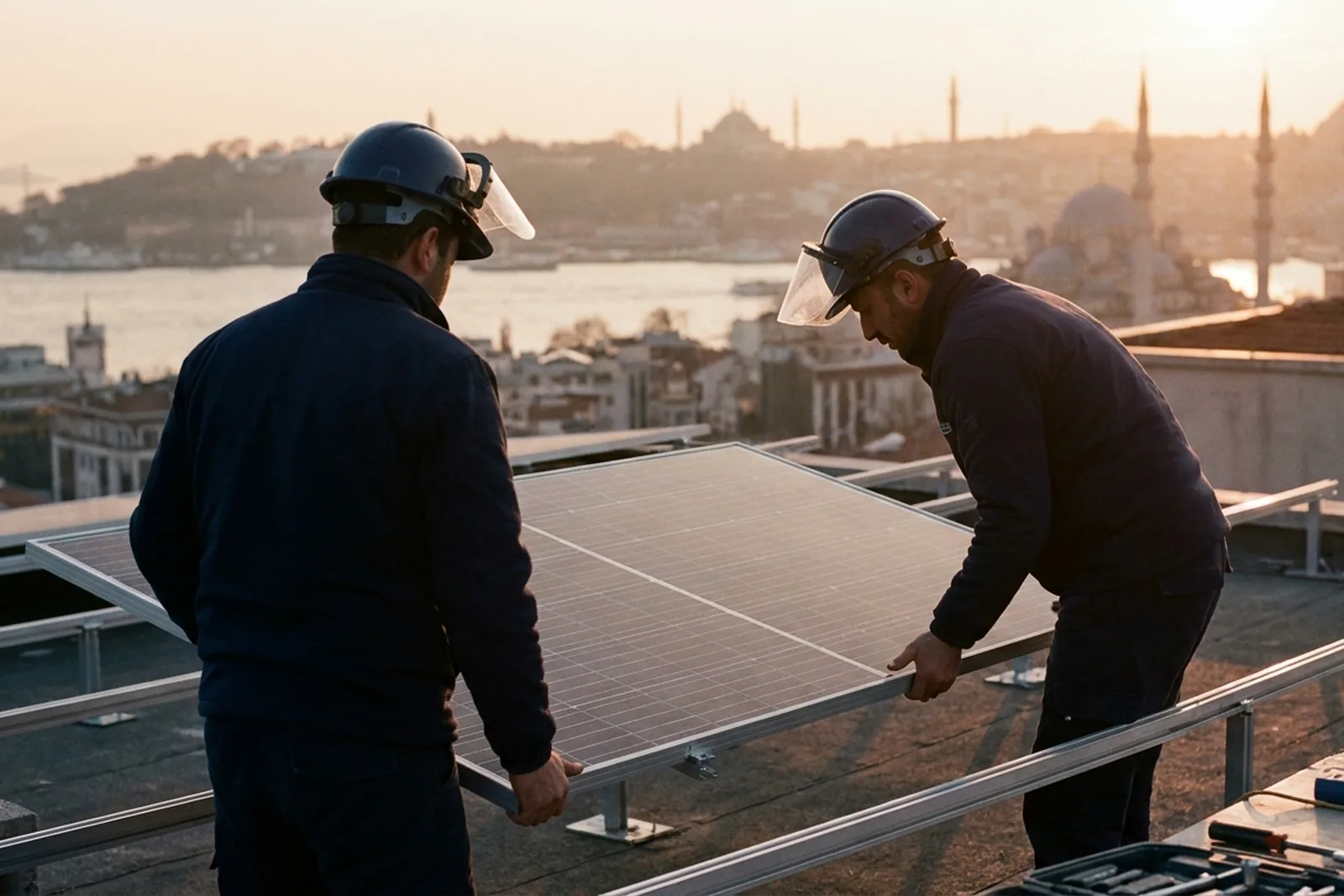 Beykoz'da bir villa çatısında güneş enerjisi paneli kurulumu